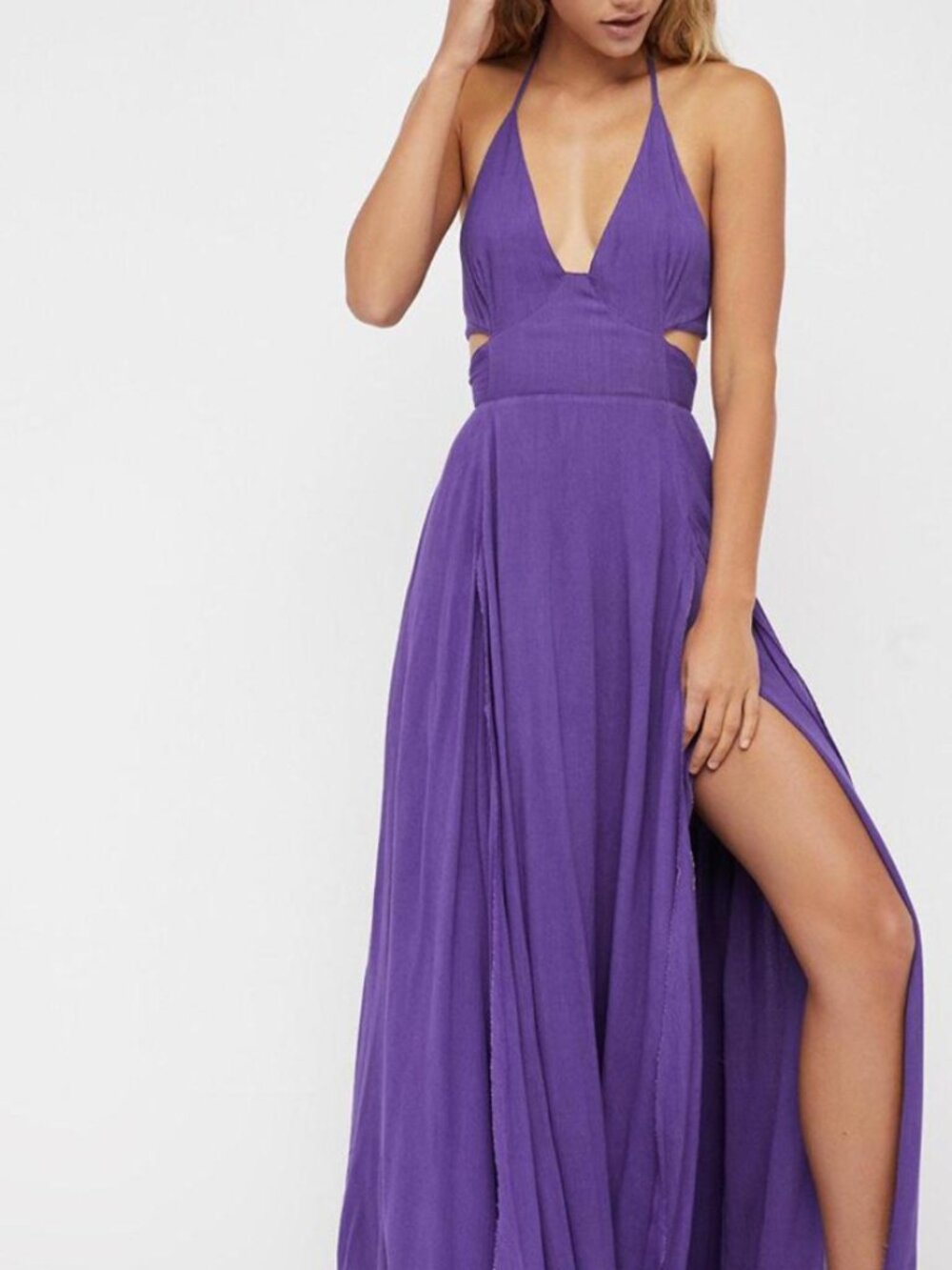 Free People Lille Maxi Halter Dress Seam Slits Back Tie Bell Accents